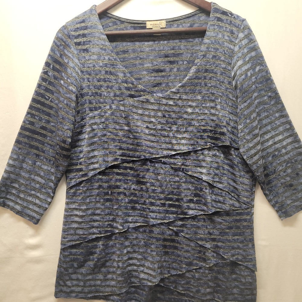One World Womens LG Blue Charcoal Stripe Tiered Scoop Neck 3/4 Slv Top Stretch